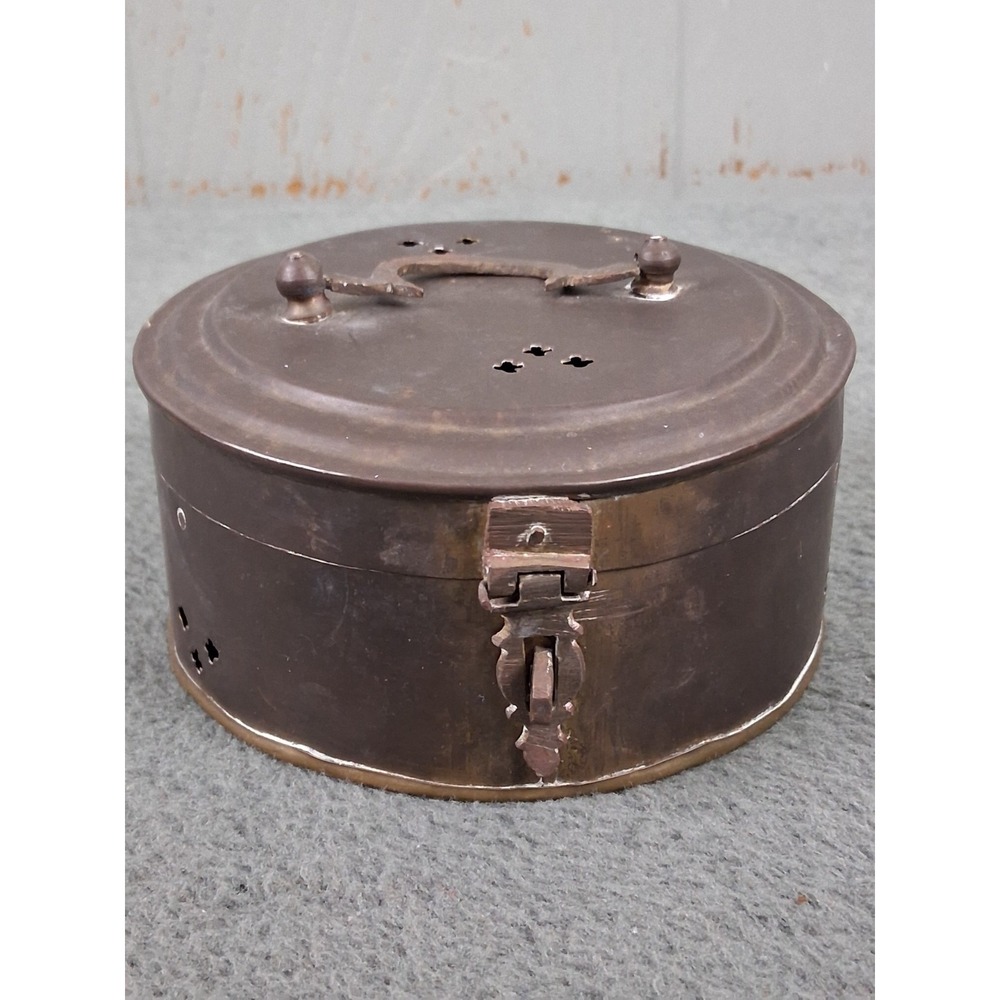 Vintage Brass Round Cricket Box Trinket Incense Boho Decor Lidded Storage Kitsch